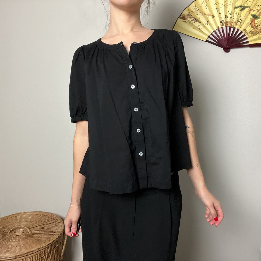 black minimalist puff sleeve boxy cotton button shirt blouse top